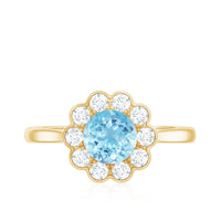 Certified 0.8 carat aquamarine engagement ring by Rosec Jewels with diamond flower halo and sterling band.
