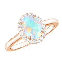 Oval Ethiopian Opal engagement ring with diamond halo, set in a silver band, featuring a natural gemstone from Rosec Jewels.