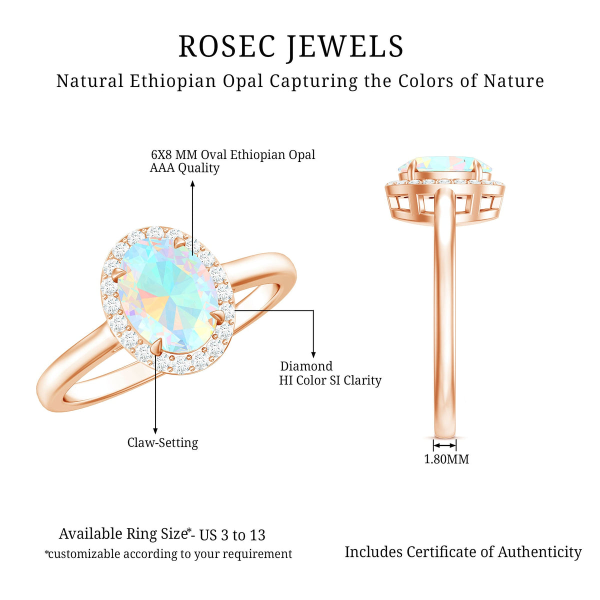 Natural Ethiopian Opal oval engagement ring with diamond halo, featuring Rosec Jewels' elegant design and sparkling accents.