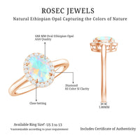 Natural Ethiopian Opal oval engagement ring with diamond halo, featuring Rosec Jewels' elegant design and sparkling accents.