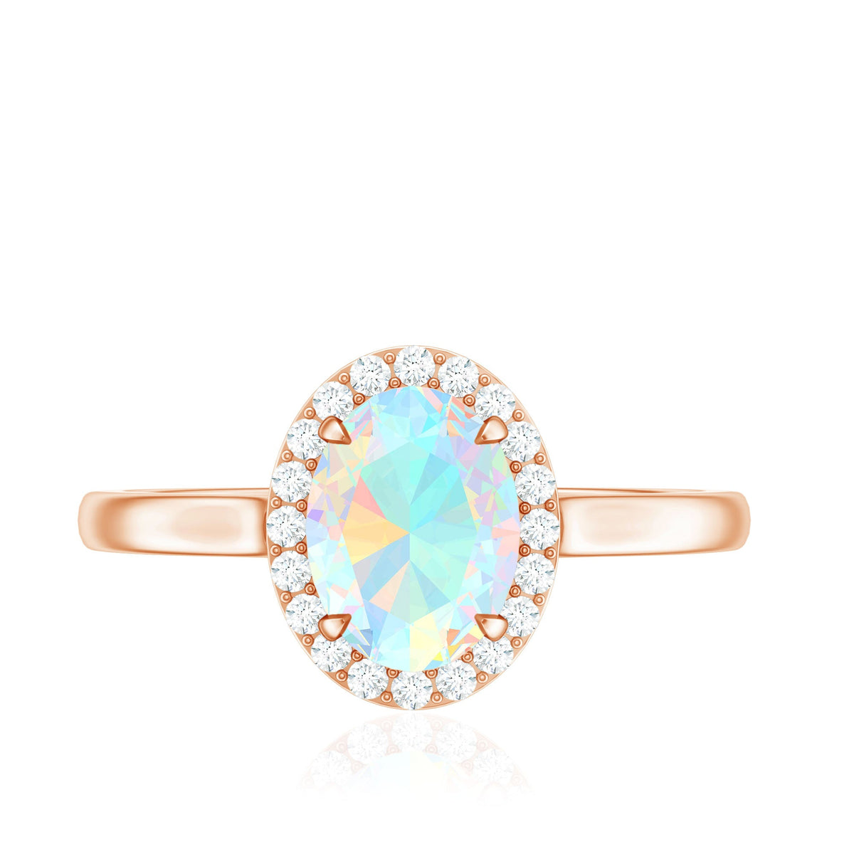 Natural Ethiopian Opal oval engagement ring with diamond halo from Rosec Jewels, showcasing a vibrant opal centerpiece and sparkling halo.