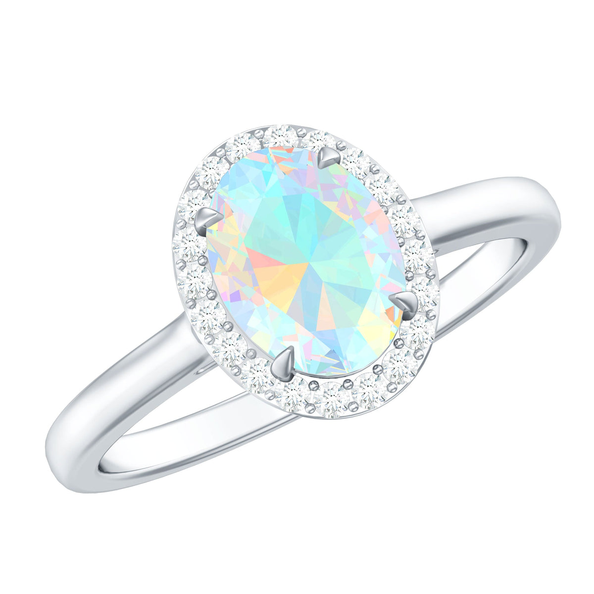 Oval Ethiopian Opal engagement ring with diamond halo in a rose gold setting from Rosec Jewels.