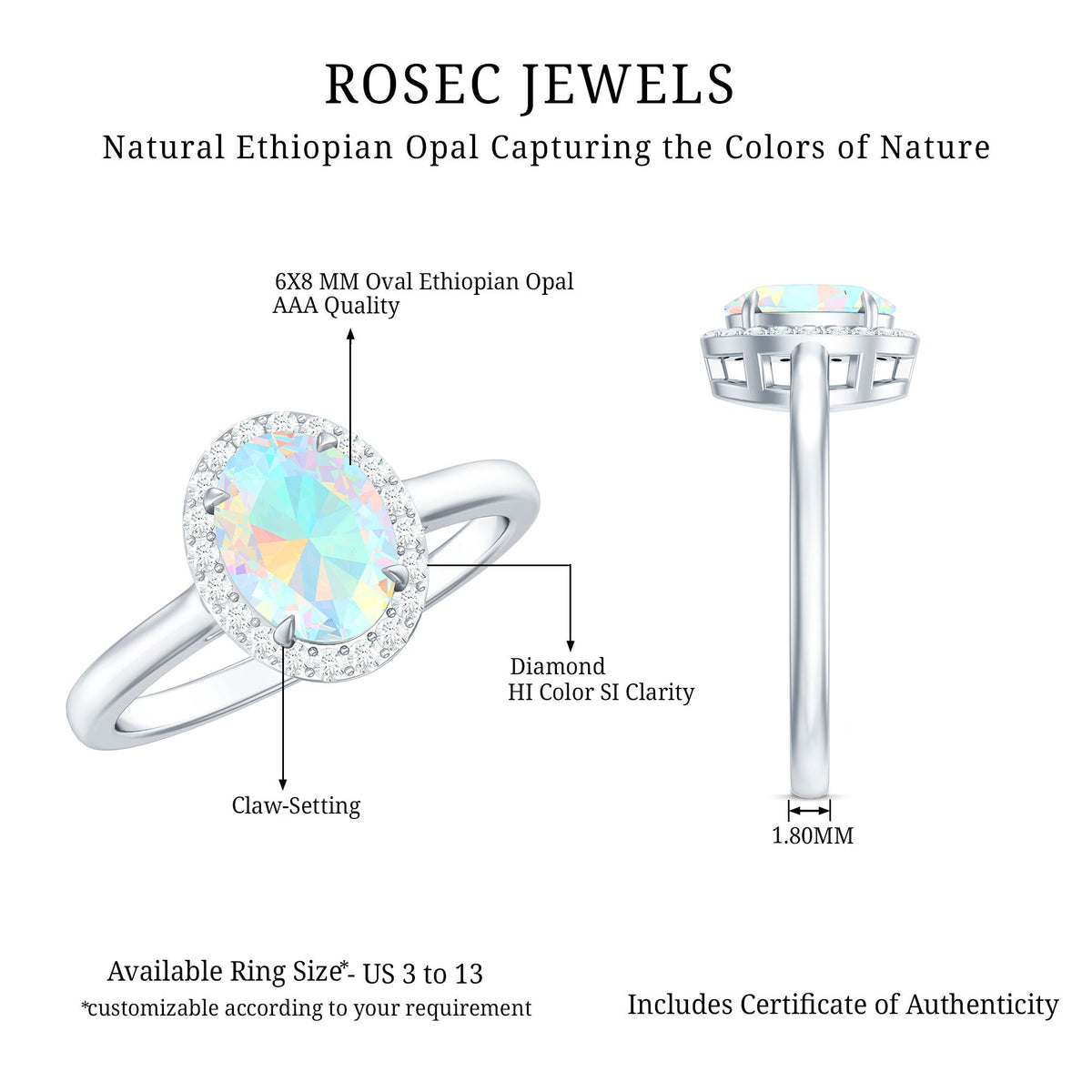 Natural Ethiopian Opal oval engagement ring with diamond halo, featuring a delicate band and intricate setting.
