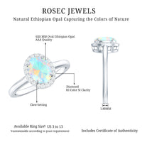 Natural Ethiopian Opal oval engagement ring with diamond halo, featuring a delicate band and intricate setting.