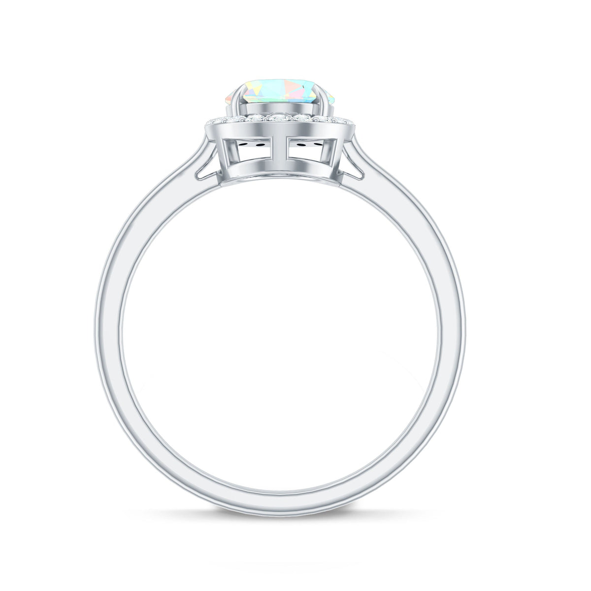 Natural Ethiopian opal oval engagement ring with diamond halo from Rosec Jewels, showcasing the elegant ring design and sparkling gemstones.