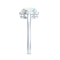 Oval Ethiopian opal engagement ring with diamond halo, featuring a rose gold band and intricate detailing by Rosec Jewels.