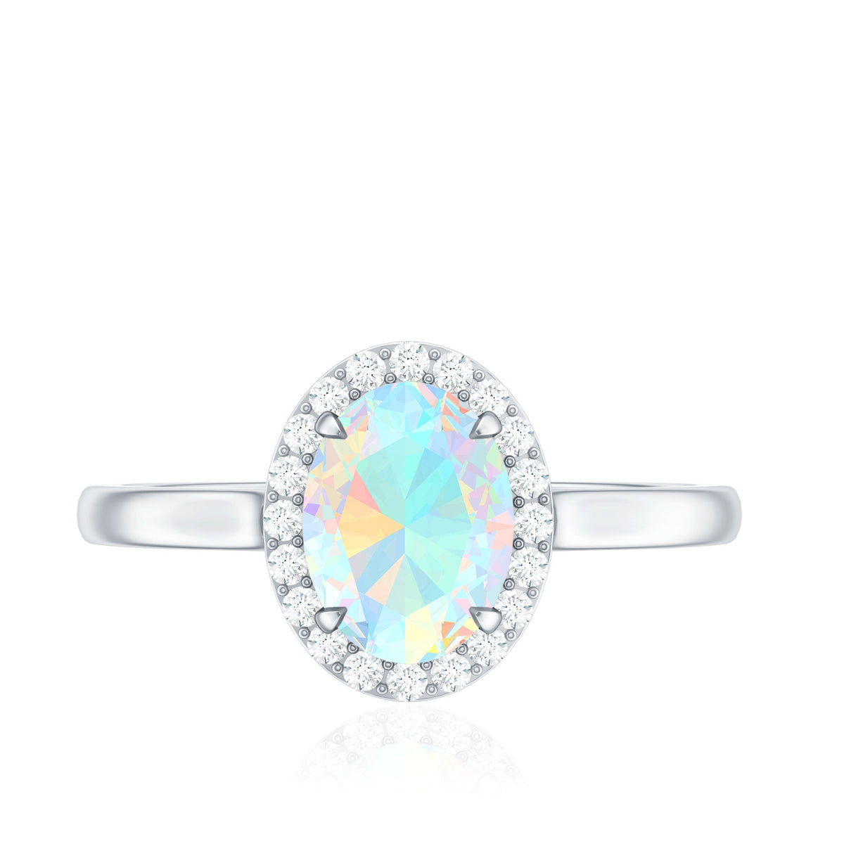 Ethiopian opal oval engagement ring with diamond halo and rose gold band, featuring intricate gemstone and diamond detailing.