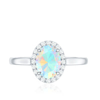 Ethiopian opal oval engagement ring with diamond halo and rose gold band, featuring intricate gemstone and diamond detailing.
