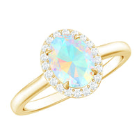 Natural Ethiopian Opal oval engagement ring with diamond halo, featuring intricate silver setting by Rosec Jewels.