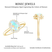 Oval Ethiopian Opal engagement ring with diamond halo by Rosec Jewels, featuring a natural opal centerpiece and sparkling diamond accents.
