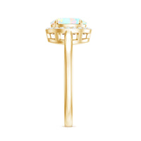 Natural Ethiopian opal oval engagement ring with diamond halo, rose gold band, from Rosec Jewels, showcasing its elegant design.