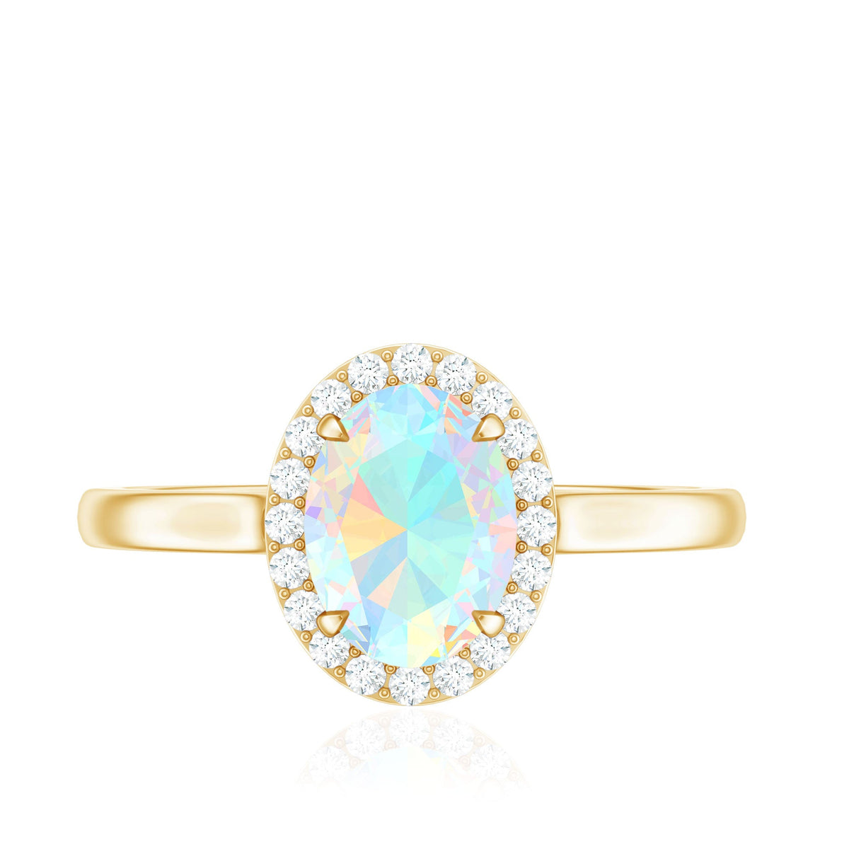 Natural Ethiopian Opal oval engagement ring with diamond halo, set in a rose gold band, from Rosec Jewels.
