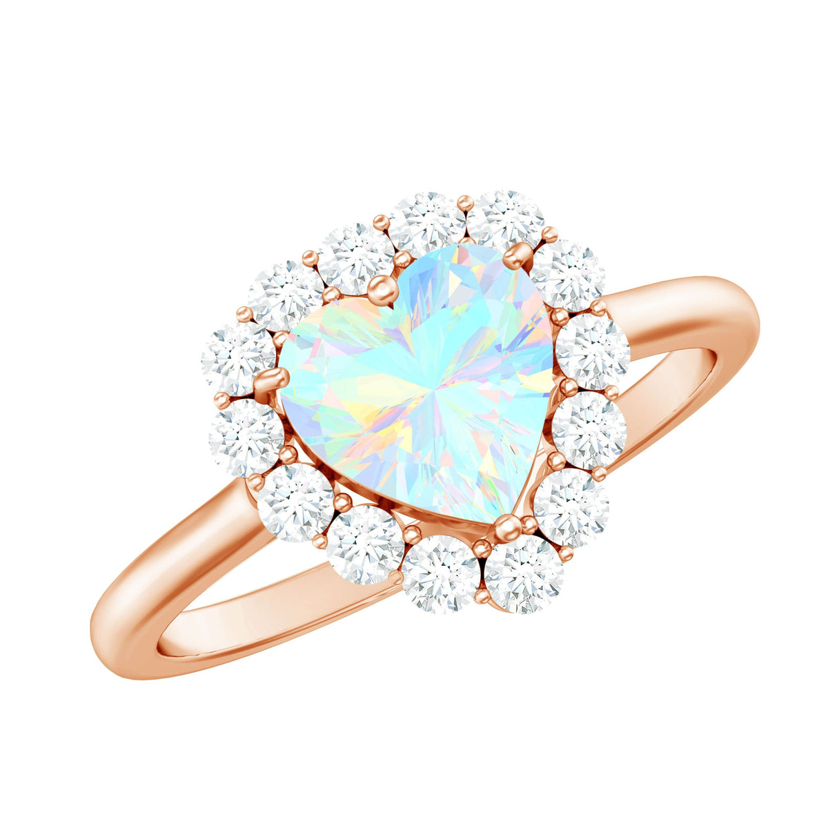 Heart-shaped Ethiopian opal engagement ring with diamond halo by Rosec Jewels, featuring a vibrant central gemstone and sparkling accents.