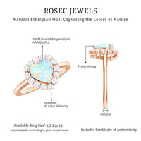 Heart-shaped engagement ring featuring a certified Ethiopian opal with diamond halo by Rosec Jewels.