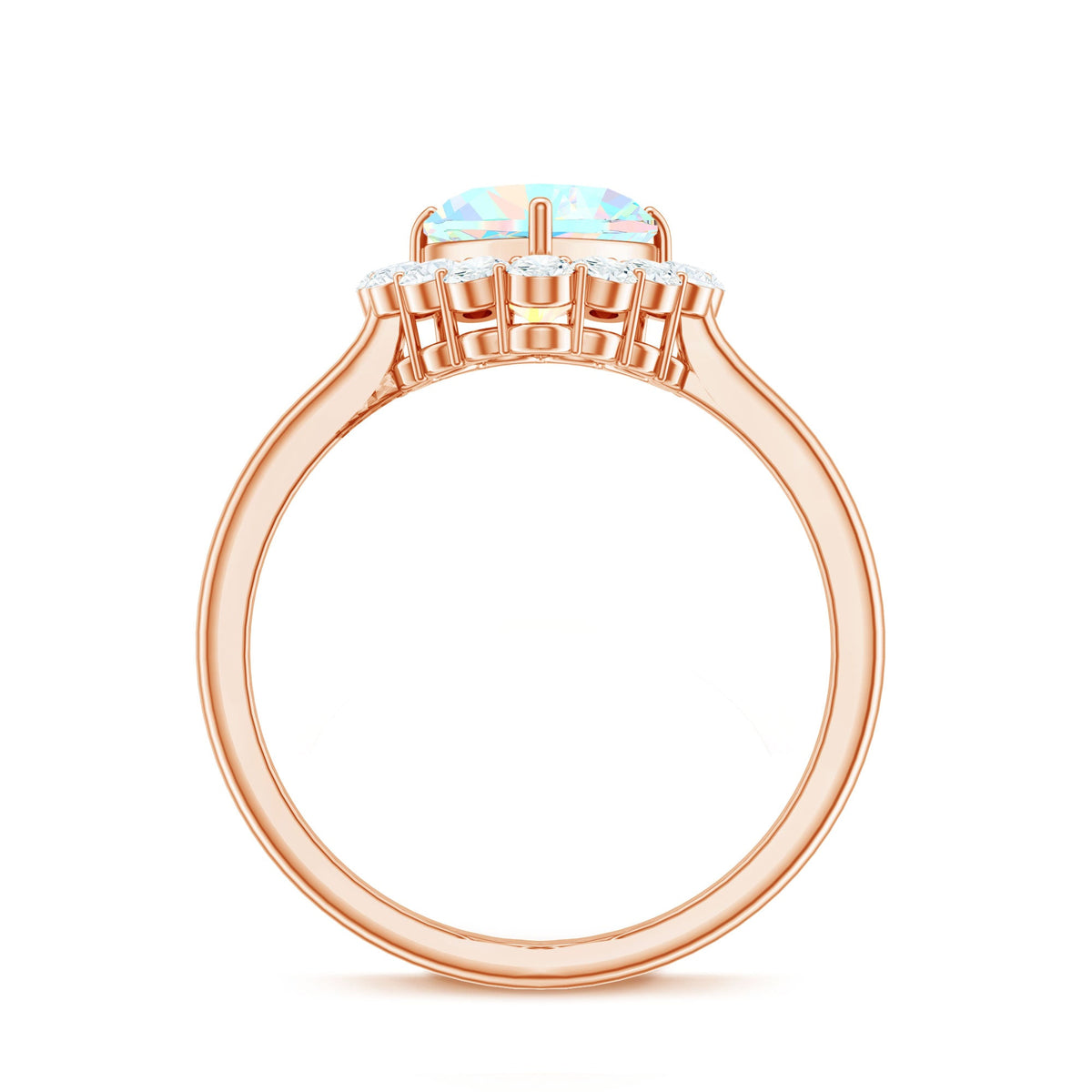 Heart-shaped Ethiopian opal engagement ring with diamond halo by Rosec Jewels, featuring a vibrant orange and green gemstone setting.