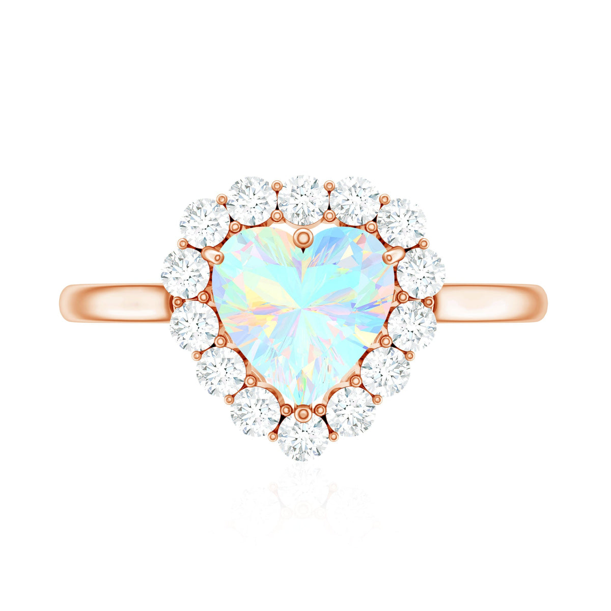 Heart-shaped Ethiopian opal engagement ring with diamond halo from Rosec Jewels, featuring a vibrant, colorful gemstone and sparkling accents.