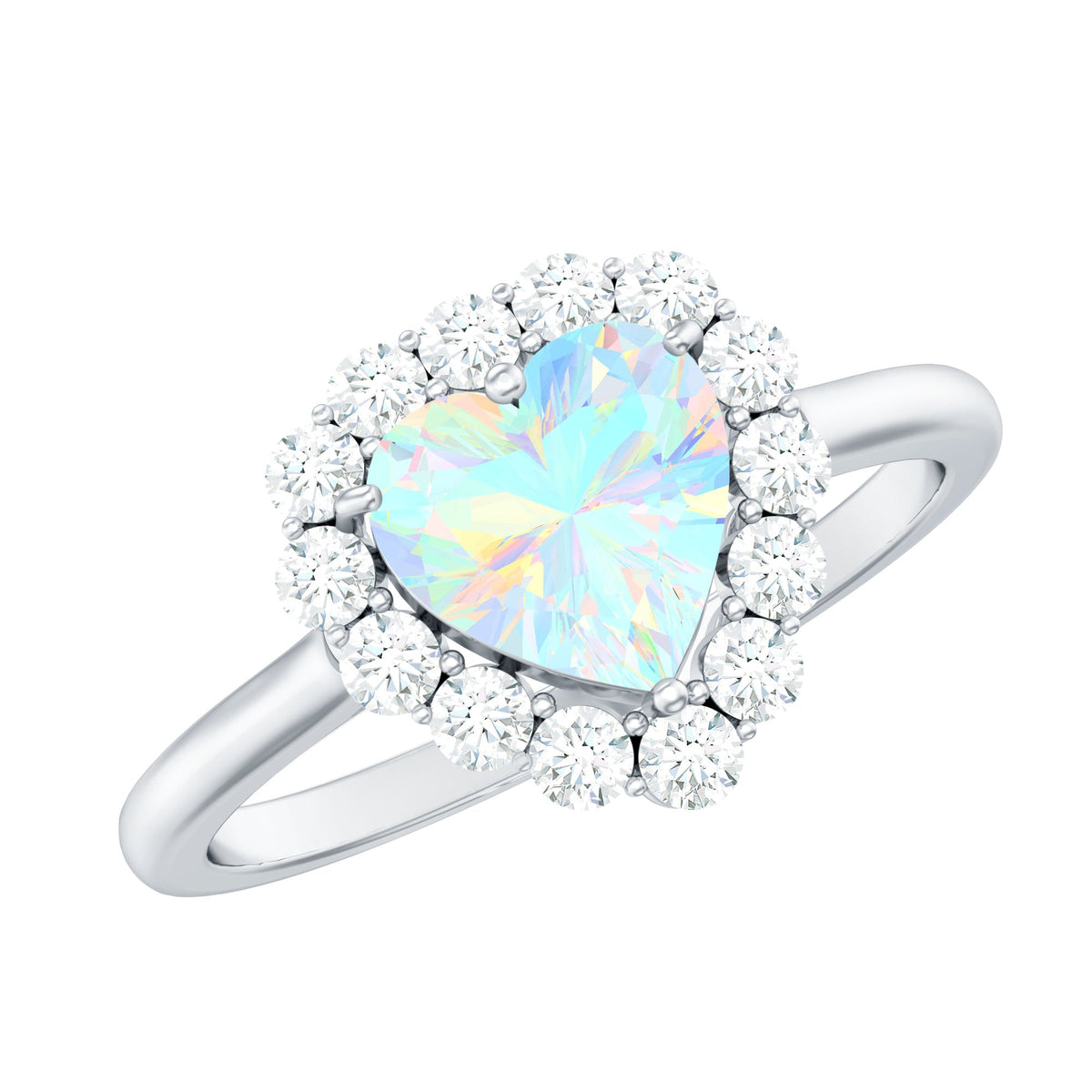 Heart-shaped engagement ring featuring a certified Ethiopian opal with diamond halo by Rosec Jewels.