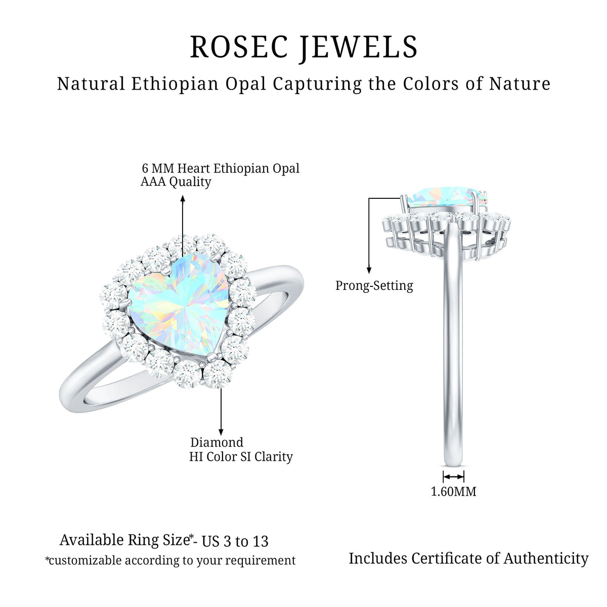 Heart-shaped Ethiopian opal engagement ring with diamond halo, featuring a Rosec Jewels ring setting and intricate gemstone details.