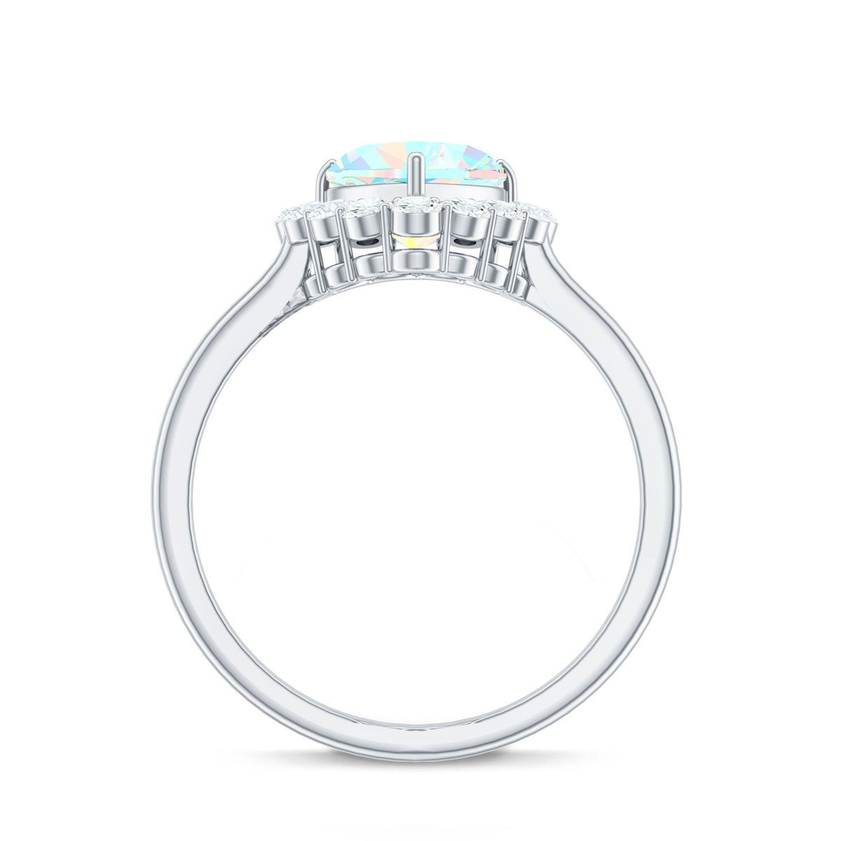 Heart-shaped Ethiopian opal engagement ring with diamond halo by Rosec Jewels, featuring a vibrant, polished gemstone and sparkling accents.