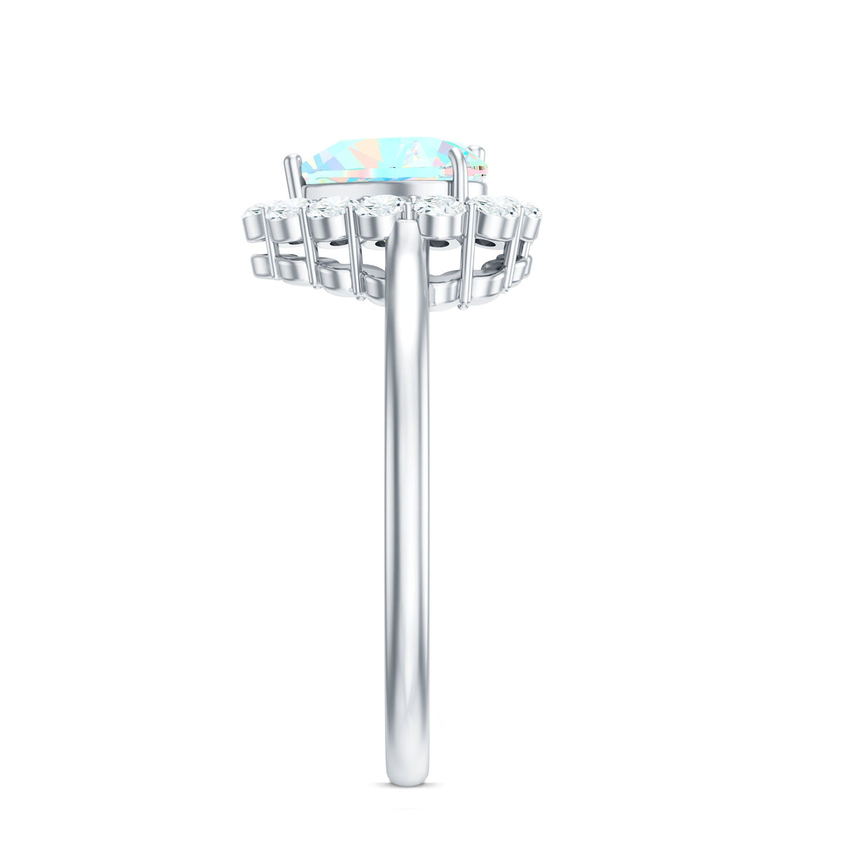 Heart-shaped Ethiopian opal engagement ring with diamond halo by Rosec Jewels, featuring a vibrant real opal center and sparkling diamond accents.
