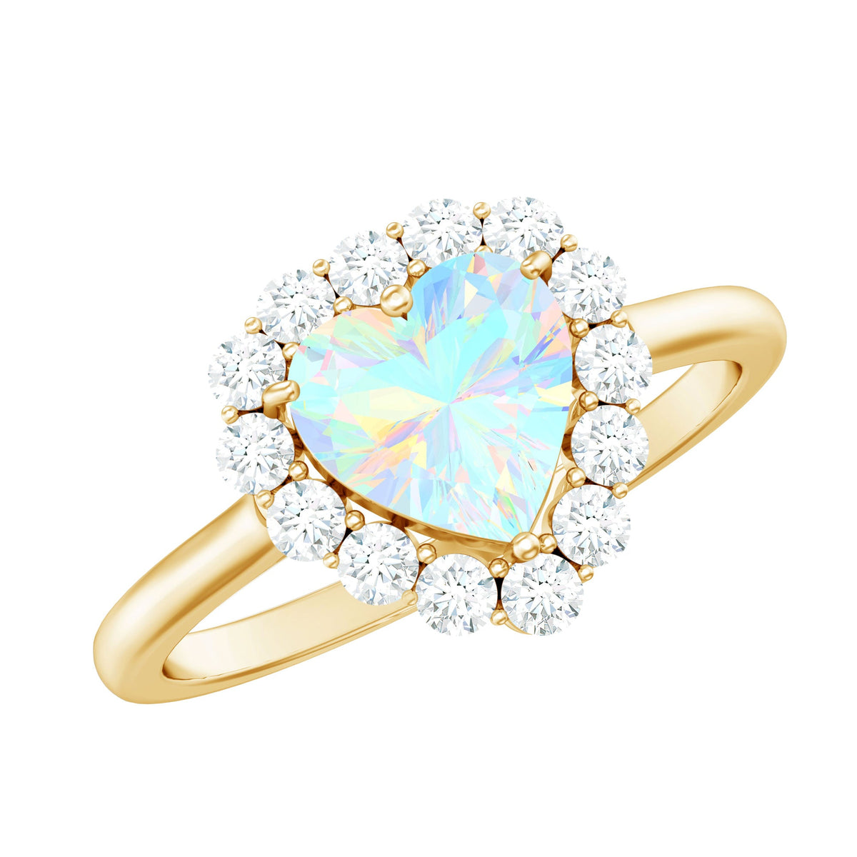 Heart-shaped Ethiopian opal engagement ring with diamond halo by Rosec Jewels, showcasing a vibrant, colorful gemstone setting.