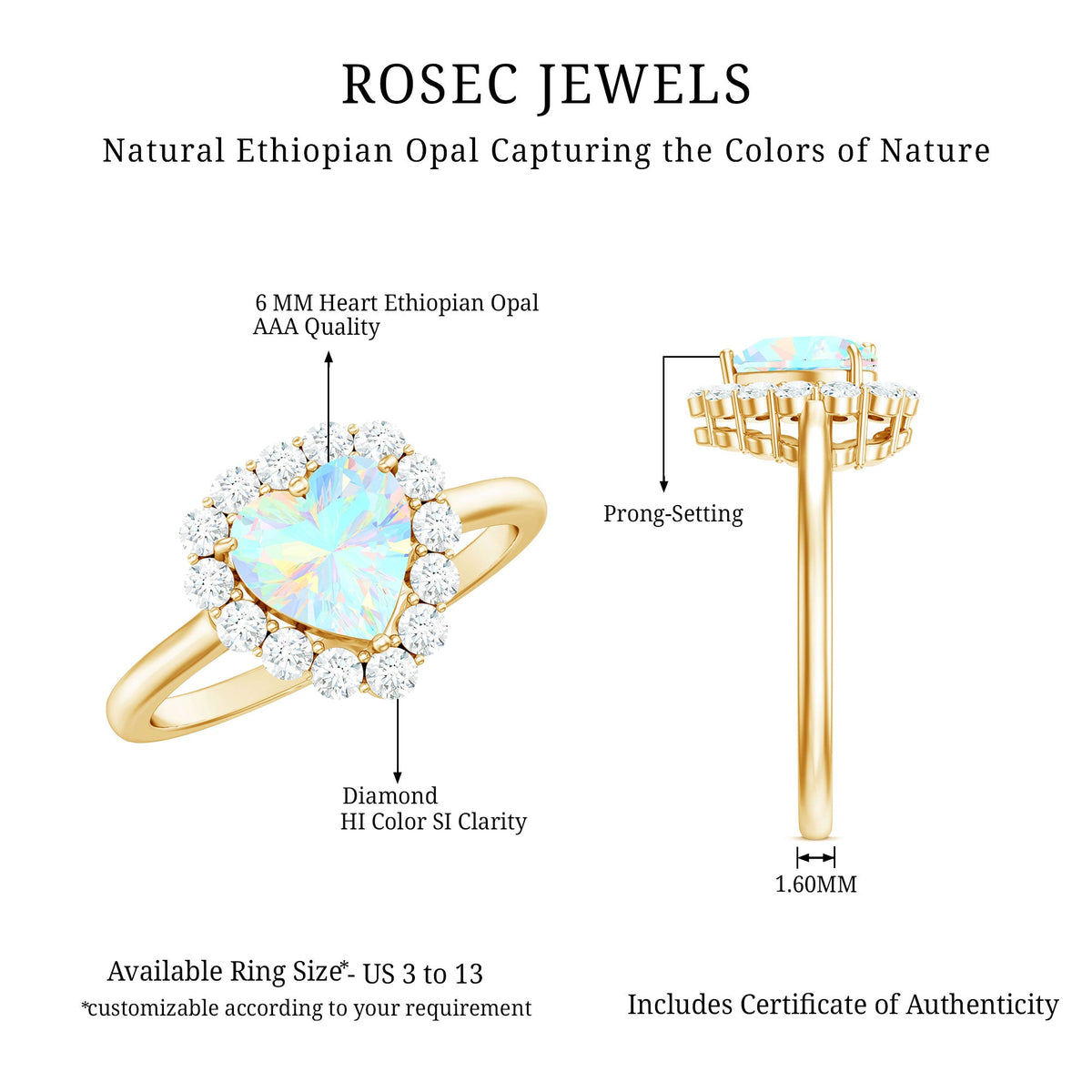 Heart-shaped Ethiopian opal engagement ring with diamond halo by Rosec Jewels, featuring vibrant colors and intricate detailing.