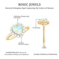 Heart-shaped Ethiopian opal engagement ring with diamond halo by Rosec Jewels, featuring vibrant colors and intricate detailing.