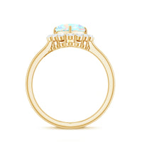 Heart-shaped Ethiopian opal engagement ring with diamond halo from Rosec Jewels, showcasing a stunning colorful gemstone and sparkling accents.
