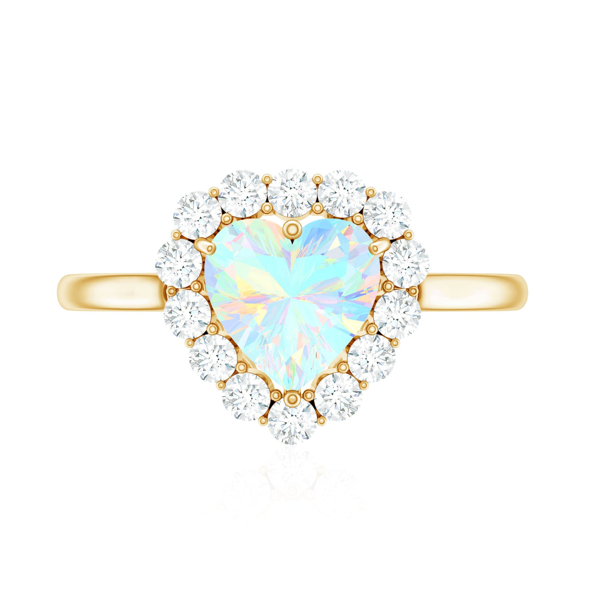 Heart-shaped engagement ring with certified Ethiopian opal and diamond halo by Rosec Jewels, featuring a detailed gold band.