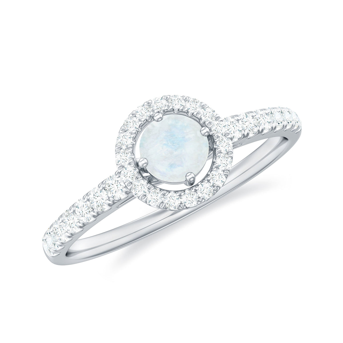 0.75 CT moonstone and diamond halo engagement ring by Rosec Jewels with intricate setting and sparkling stones.
