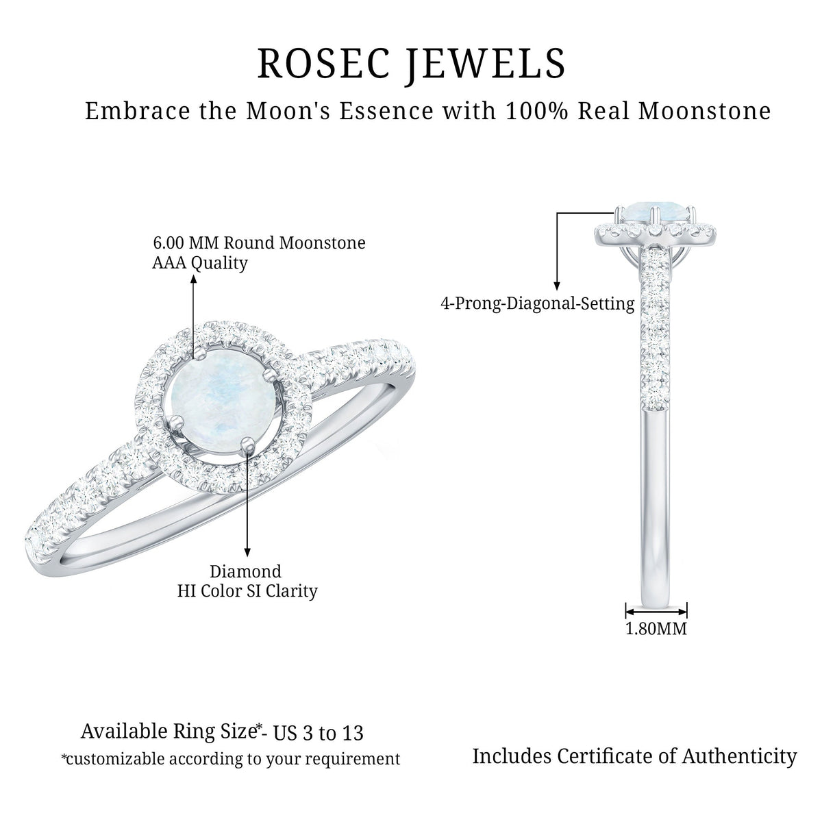 Rosec Jewels 0.75 CT moonstone and diamond halo engagement ring with intricate band design.
