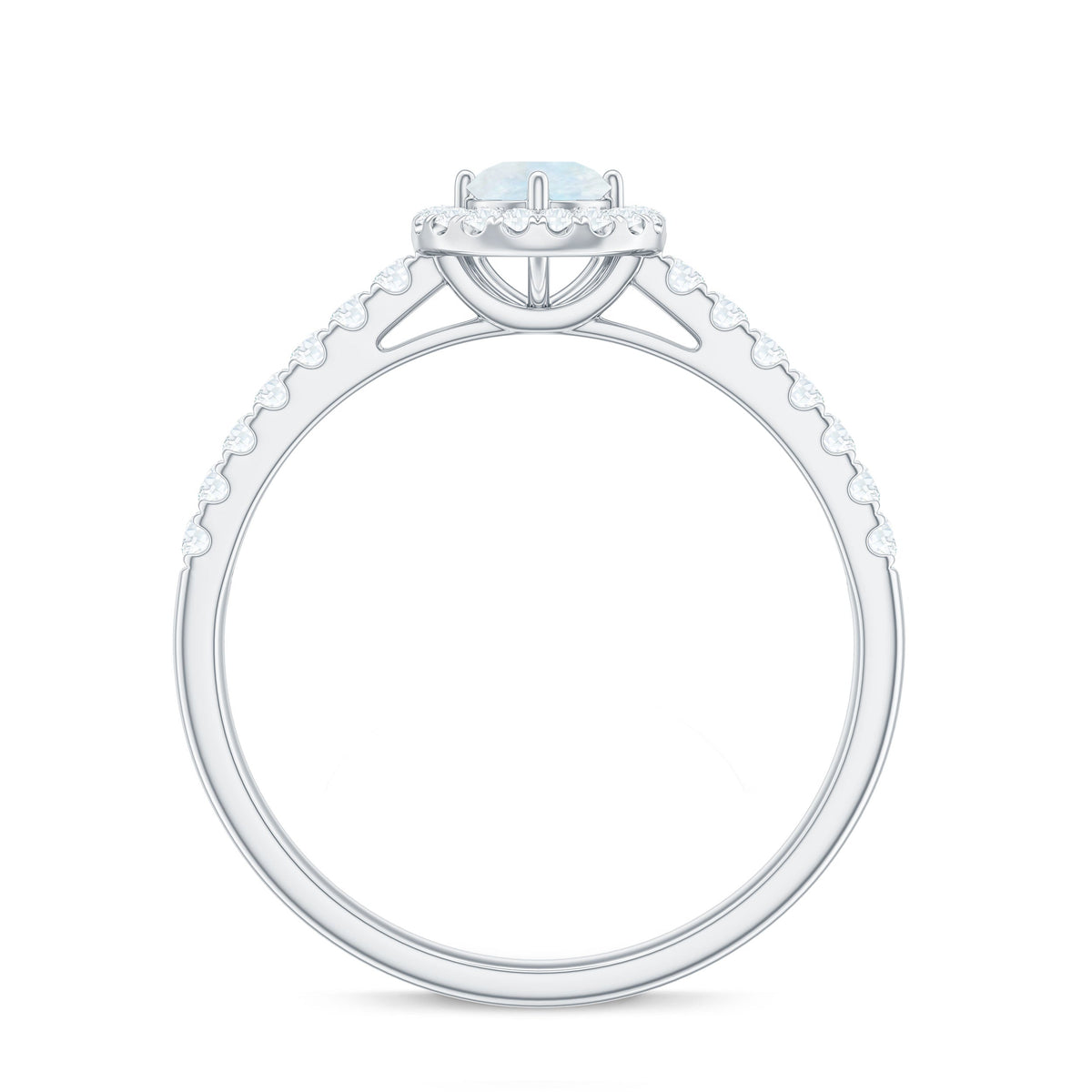 0.75 CT moonstone and diamond halo engagement ring featuring a rose gold band, showcasing intricate design and sparkling gemstones.