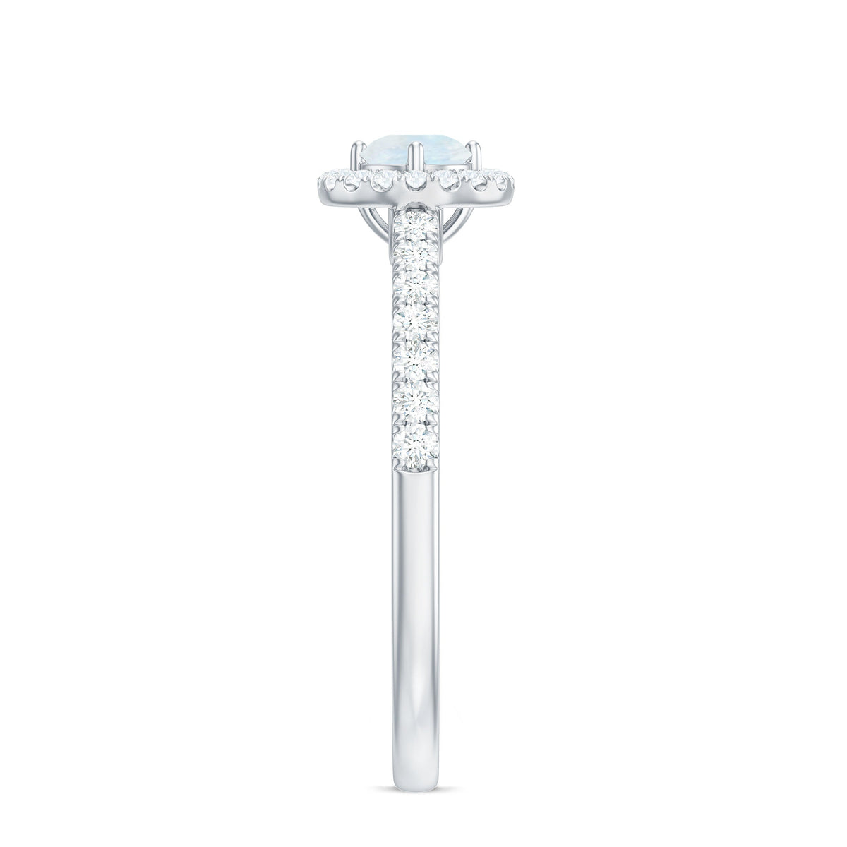0.75 ct moonstone and diamond halo engagement ring by Rosec Jewels featuring a central moonstone surrounded by sparkling diamonds.