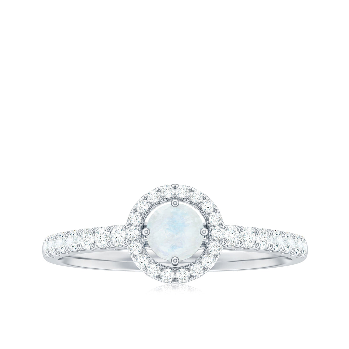 0.75 CT moonstone and diamond halo engagement ring by Rosec Jewels featuring a central moonstone with a sparkling diamond halo.