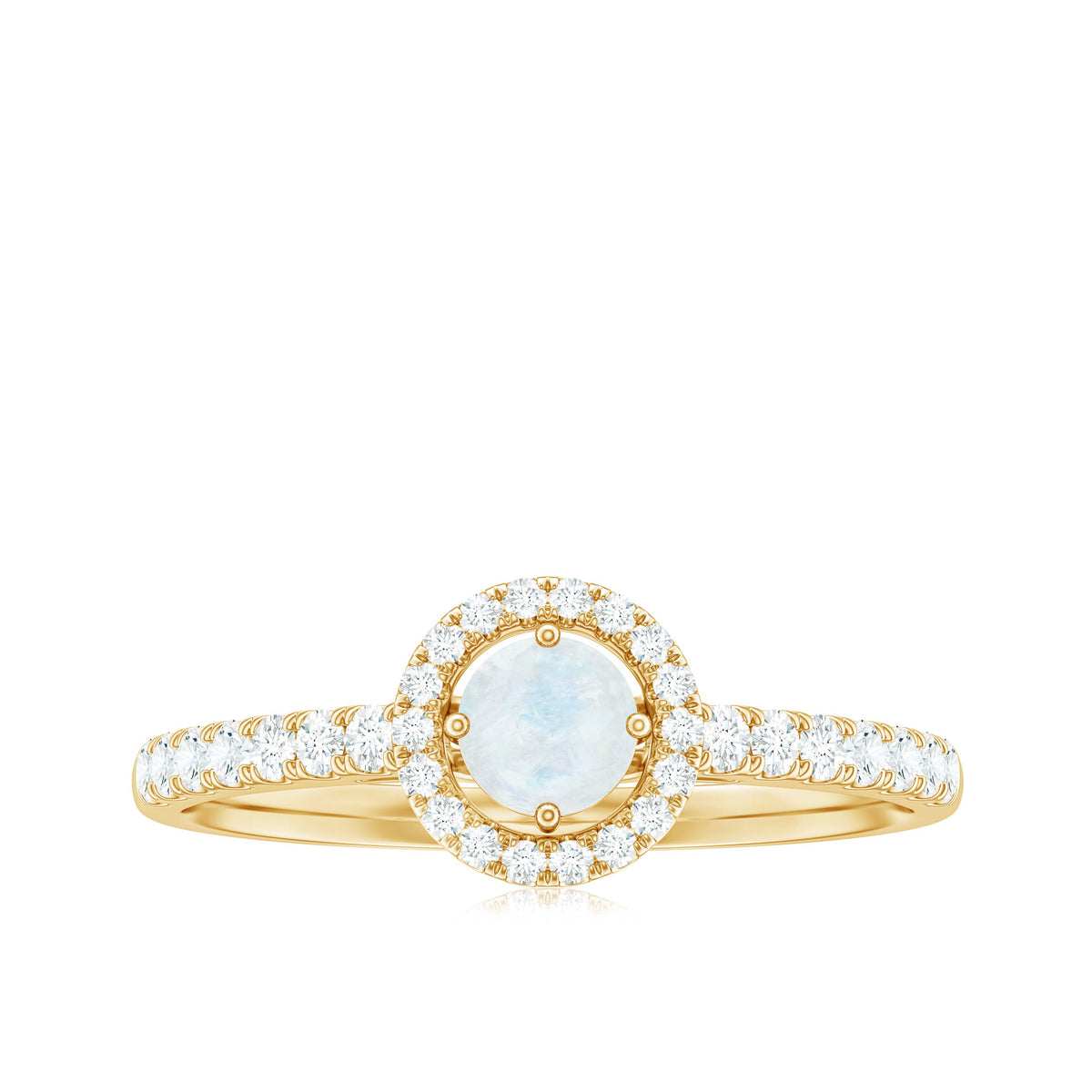 0.75 CT moonstone and diamond halo engagement ring by Rosec Jewels, showcasing a central moonstone with sparkling diamond accents.