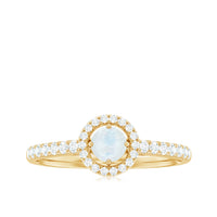 0.75 CT moonstone and diamond halo engagement ring by Rosec Jewels, showcasing a central moonstone with sparkling diamond accents.