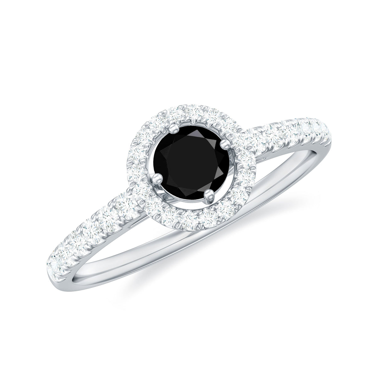 Minimal black spinel engagement ring with diamond halo from Rosec Jewels, showcasing the sleek black band and sparkling halo setting.