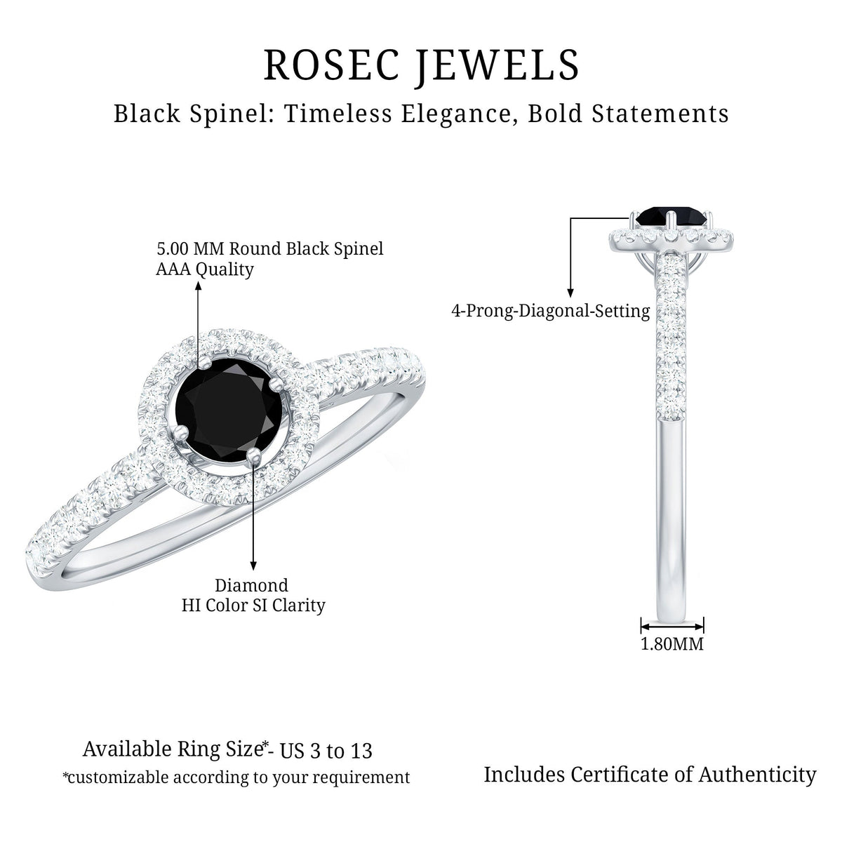 Minimal black spinel engagement ring with diamond halo from Rosec Jewels, showcasing a sleek black band and sparkling halo design.