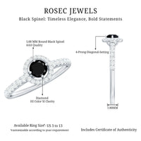 Minimal black spinel engagement ring with diamond halo from Rosec Jewels, showcasing a sleek black band and sparkling halo design.