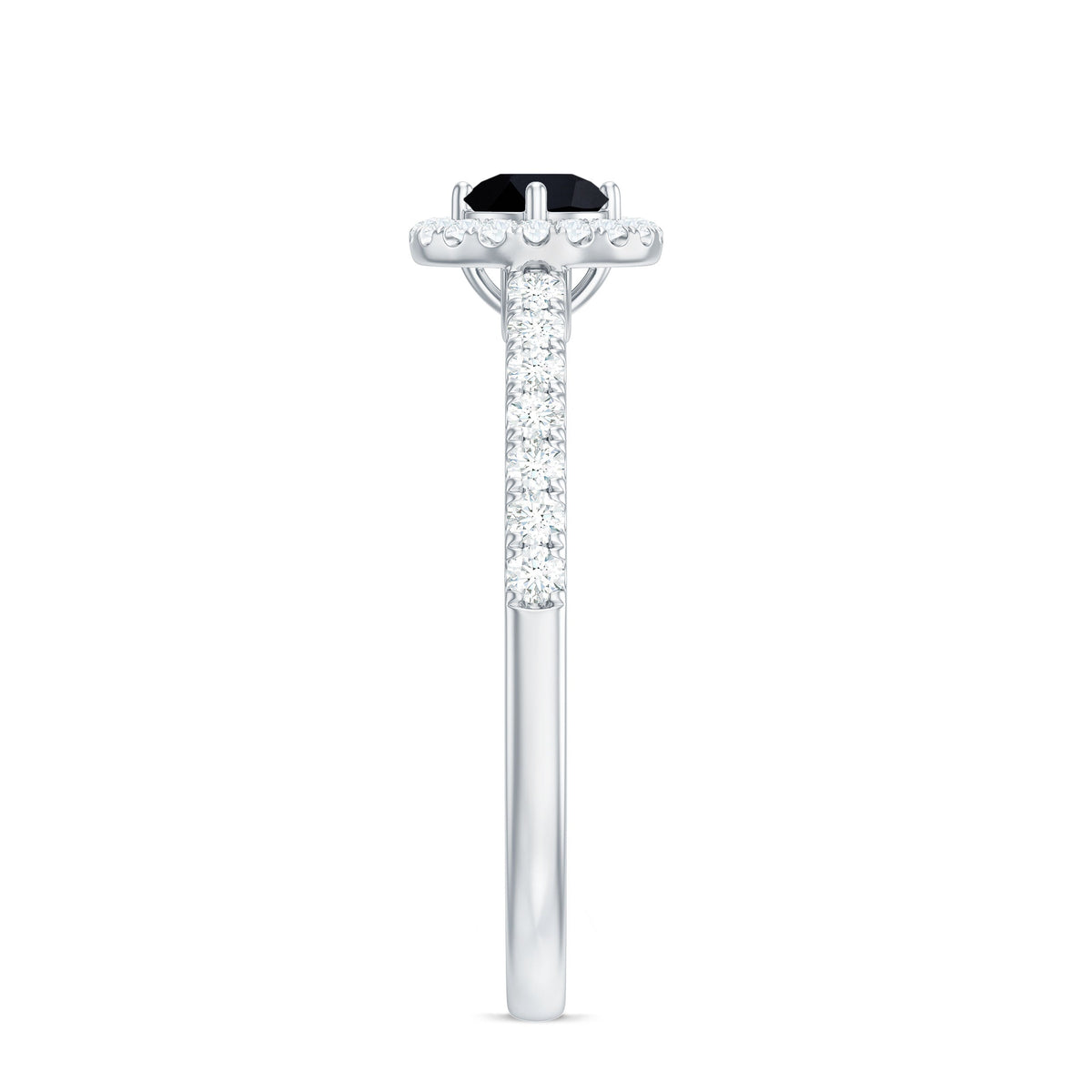 Minimal black spinel engagement ring with diamond halo by Rosec Jewels, showcasing a sleek black spinel centerpiece and sparkling halo setting.