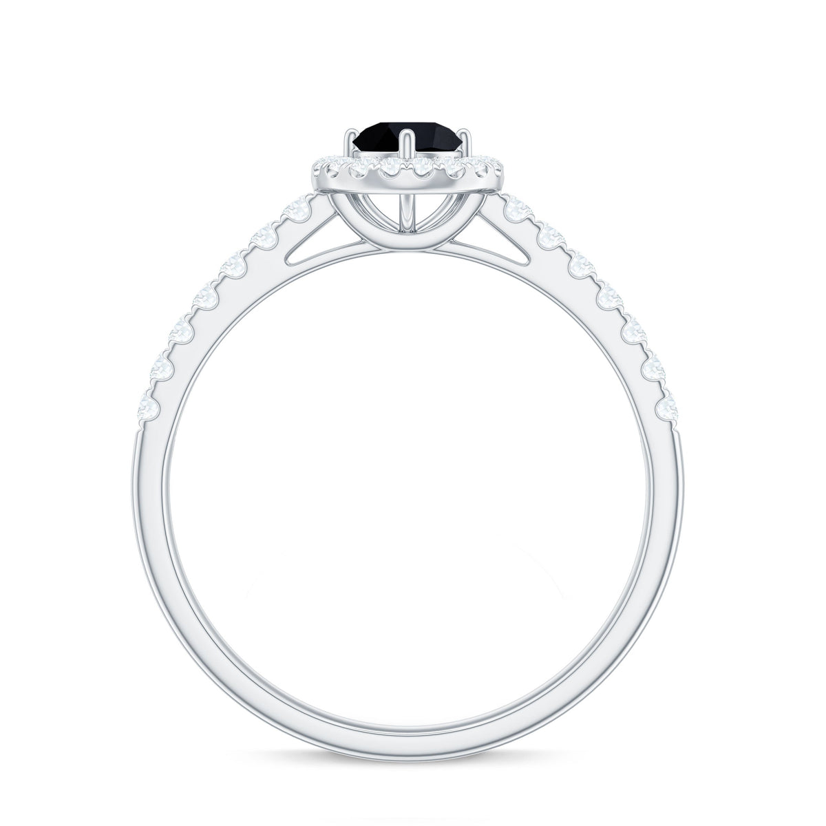 Minimal black spinel engagement ring with diamond halo from Rosec Jewels, featuring a sleek black spinel centerpiece and sparkling halo.