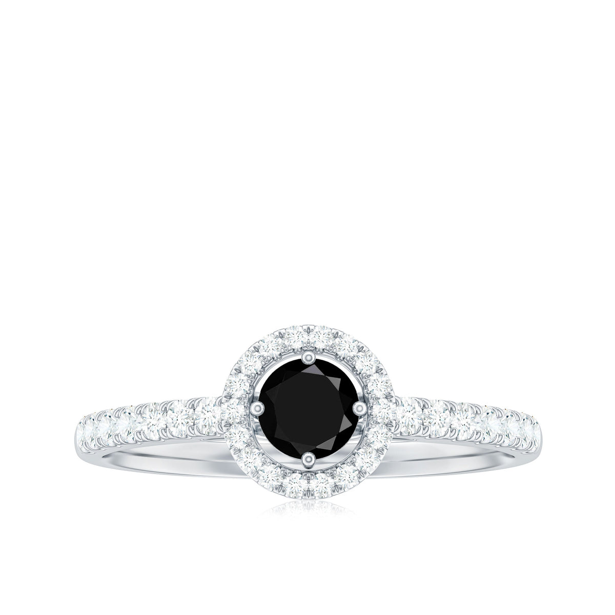 Minimal black spinel engagement ring with diamond halo, featuring a sleek black band and sparkling halo setting from Rosec Jewels.