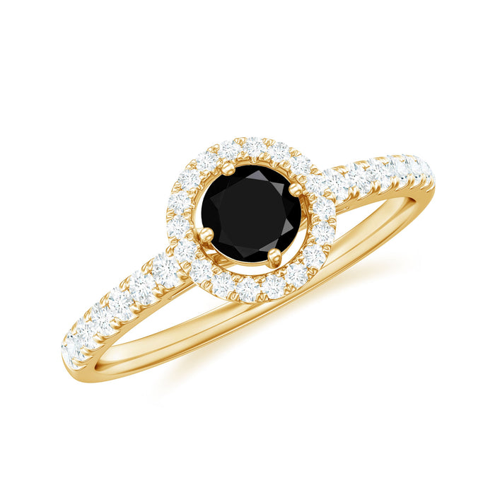 Minimal black spinel engagement ring with diamond halo by Rosec Jewels, featuring a sleek black spinel centerpiece and sparkling diamond accents.