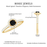 Minimal black spinel engagement ring with diamond halo from Rosec Jewels, showcasing a sleek black spinel center and sparkling diamond accents.