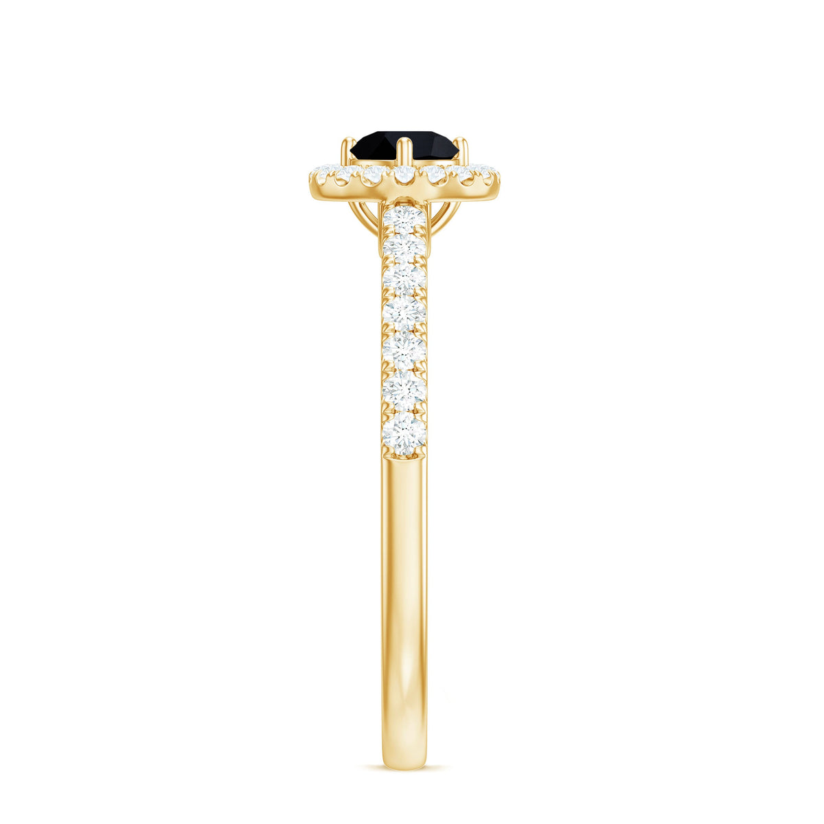 Minimal Black Spinel engagement ring with diamond halo from Rosec Jewels featuring a sleek black spinel and sparkling diamond accents.