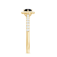 Minimal Black Spinel engagement ring with diamond halo from Rosec Jewels featuring a sleek black spinel and sparkling diamond accents.