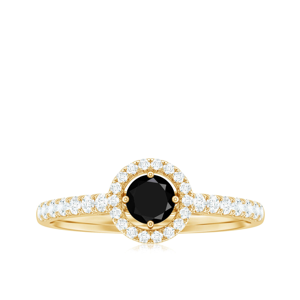 Minimal black spinel engagement ring with diamond halo from Rosec Jewels, featuring a sleek black gemstone and sparkling diamond accents.