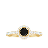 Minimal black spinel engagement ring with diamond halo from Rosec Jewels, featuring a sleek black gemstone and sparkling diamond accents.