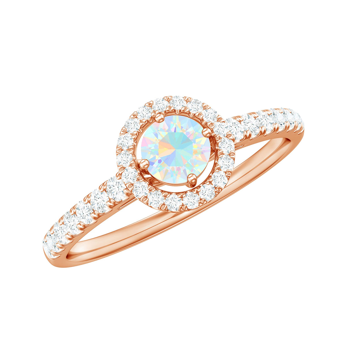 Natural Ethiopian Opal diamond engagement ring with halo setting, featuring a stunning central opal and sparkling diamonds in a Rosec Jewels ring
