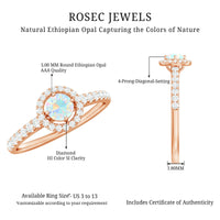 Natural Ethiopian opal diamond engagement ring with halo setting by Rosec Jewels, showcasing a vibrant opal center stone surrounded by diamonds.